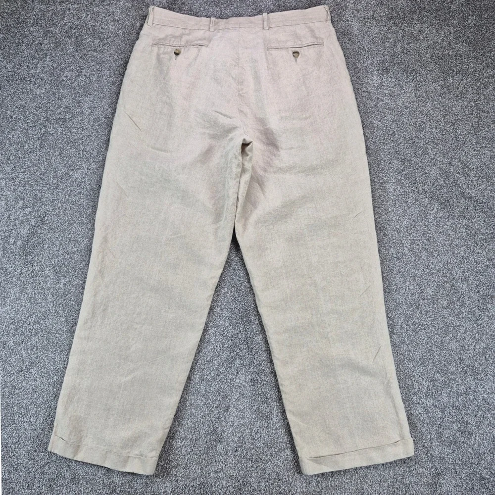 Eddie Bauer 100% Linen Pants Mens 35 Beige Pleated Cuffed Trousers